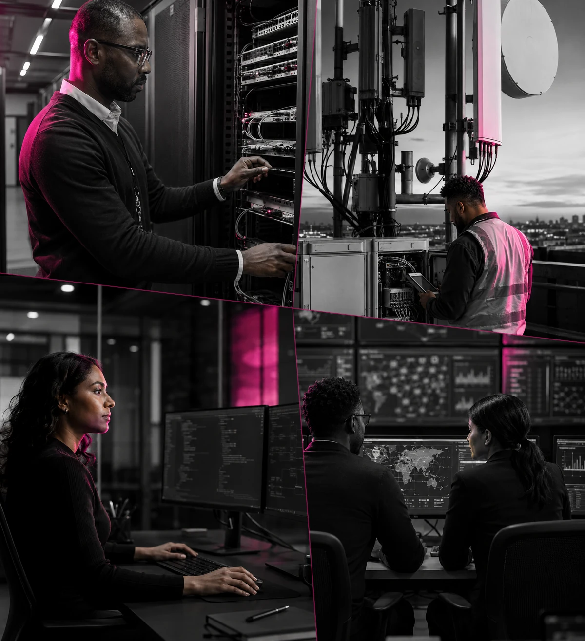 Technology, telecommunications and IT professionals at work